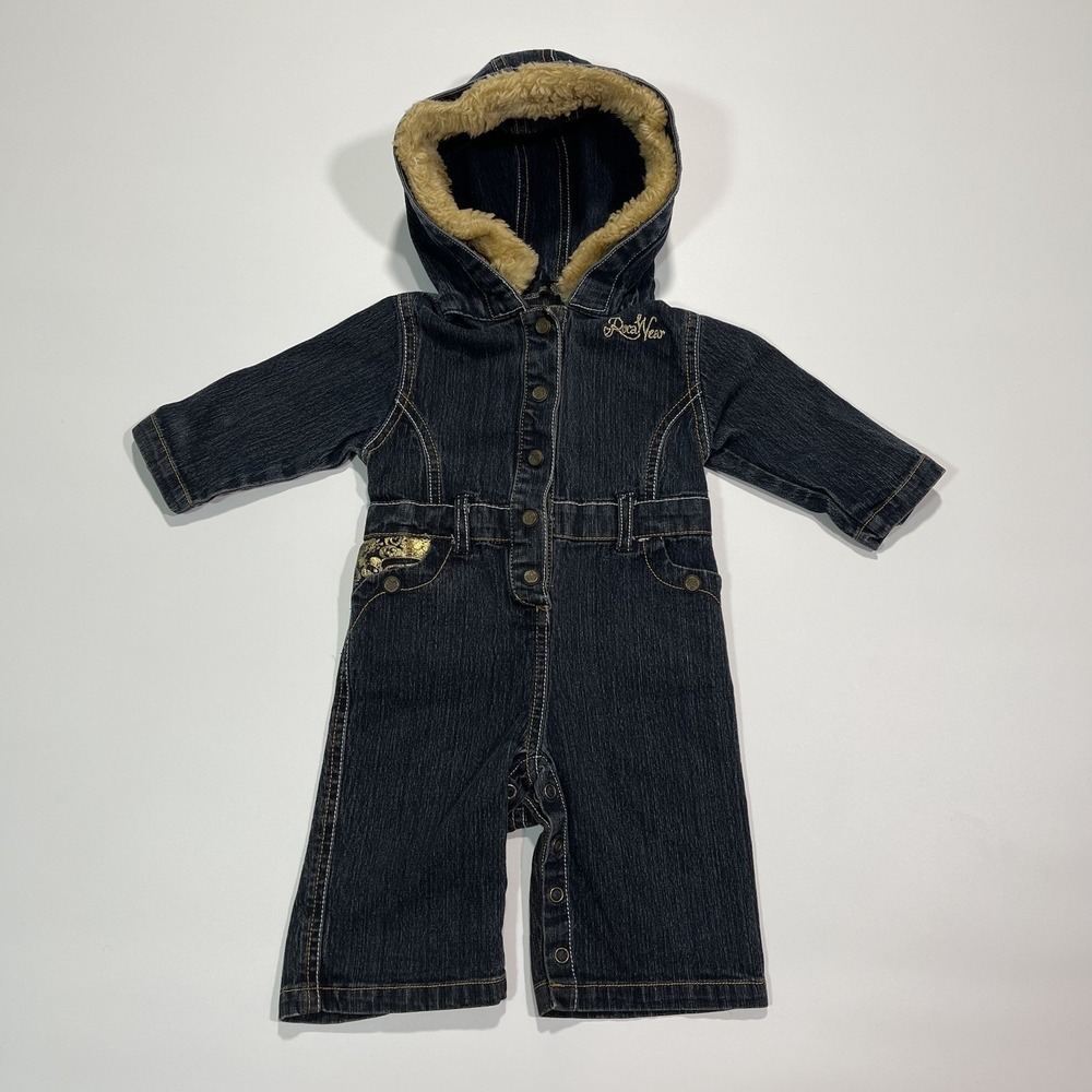 Vintage Y2K Rocawear Denim Jump Suit Fur Trim Hood Size 0-6 Months